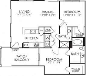 Foster. 2 bedroom apartment. Kitchen with bartop open to living/dinning rooms. 2 full bathrooms, shower stall in guest. Walk-in closets. Patio/balcony.