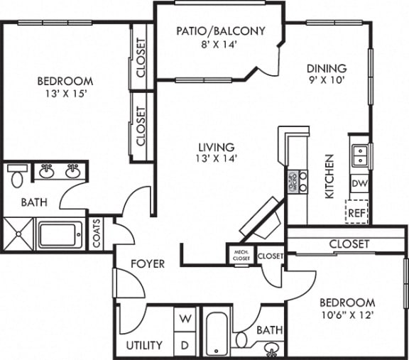 Brighton. 2 bedroom apartment. Kitchen with bartop open to living/dinning rooms. 2 full bathroom, shower stall & double vanity in master. Two closets in master. Patio/balcony. Optional fireplace.
