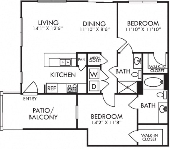 Foster. 2 bedroom apartment. Kitchen with bartop open to living/dinning rooms. 2 full bathrooms, shower stall in guest. Walk-in closets. Patio/balcony.