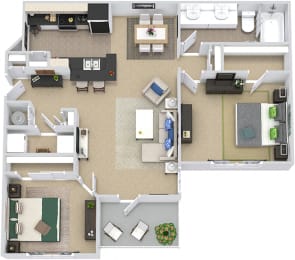 The Heritage 3D 2 bedroom apartment. Kitchen with bartop open to living & dining rooms. 1 full bathroom, double vanity. Walk-in closet. Patio/balcony with storage.
