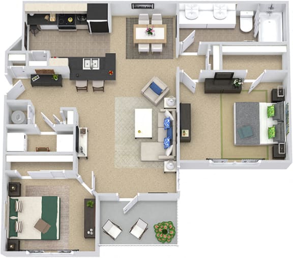 The Heritage 3D 2 bedroom apartment. Kitchen with bartop open to living & dining rooms. 1 full bathroom, double vanity. Walk-in closet. Patio/balcony with storage.