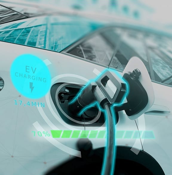 an electric car is plugged into a charging station
