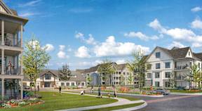 A rendering of a residential neighborhood with houses and people walking.