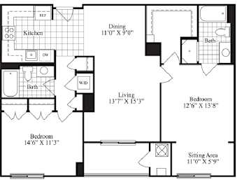 2 bed 2 bath floorplan for The Drayton, at Wentworth House,North Bethesda, Maryland