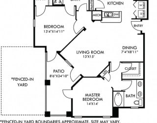 Sevilla with Fenced-in Yard. 2 bedroom apartment. Kitchen with bartop open to living room. 2 full bathrooms, double vanities. Walk-in closets. Patio/balcony open to yard. External storage.