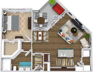 The Griffith 3D. 1 bedroom apartment. Kitchen with island open to living/dinning rooms. 1 full bathroom, double vanity. Walk-in closet. Patio/balcony.