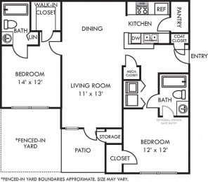 windsor 2 bedroom floorplan with fenced-in yard. galley kitchen and peninsula bartop open to dining and living room. Pantry. 2 full baths. large closets. in-unit laundry. patio/balcony.