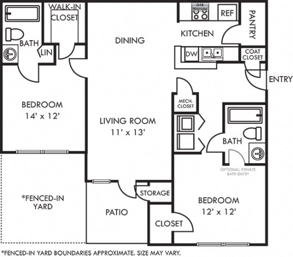 windsor 2 bedroom floorplan with fenced-in yard. galley kitchen and peninsula bartop open to dining and living room. Pantry. 2 full baths. large closets. in-unit laundry. patio/balcony.