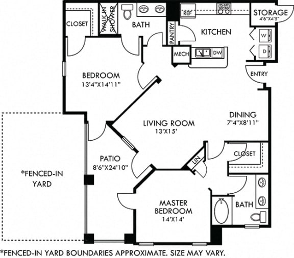 Sevilla with Fenced-in Yard. 2 bedroom apartment. Kitchen with bartop open to living room. 2 full bathrooms, double vanities. Walk-in closets. Patio/balcony open to yard. External storage.