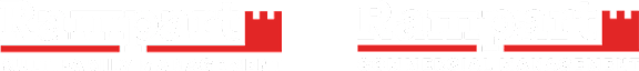 a red and white logo with a person standing on a staircase