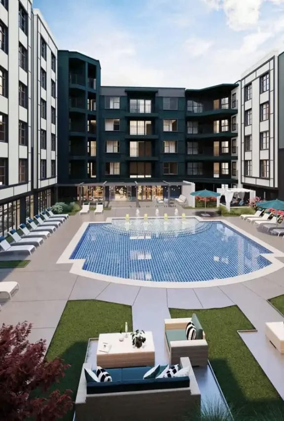 an image of an apartment building with a swimming pool
