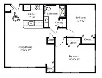 2 Bedroom 1 Bath 2D Floorplan Style A11_Cahill House Apartments, St. Louis, MO