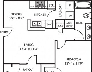 Wellesley 1 bedroom apartment. kitchen with bartop open to dining and living room. 1 full bath. in-unit laundry. Patio/balcony.
