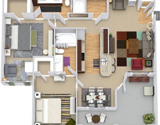 3D Buxton 2 bedroom apartment. kitchen with bar overlooking dining area-living area. optional extra entry closet. 2 baths. in-unit laundry.