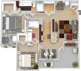 3D Buxton 2 bedroom apartment. kitchen with bar overlooking dining area-living area. optional extra entry closet. 2 baths. in-unit laundry.
