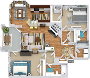 Preston 3D. 2 bedroom apartment. Kitchen with bartop open to living/dinning rooms. 2 full bathrooms, shower stall in master. Patio/balcony. Optional fireplace.