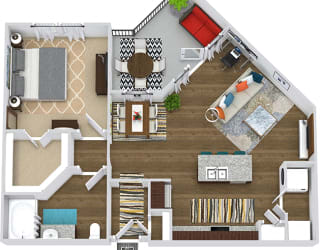 The Patterson 3D. 1 bedroom apartment. Kitchen with island open to living/dinning rooms. 1 full bathroom. Walk-in closet. Patio/balcony.