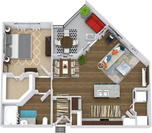 The Patterson 3D. 1 bedroom apartment. Kitchen with island open to living/dinning rooms. 1 full bathroom. Walk-in closet. Patio/balcony.