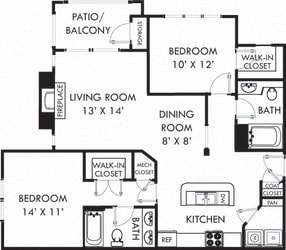 Norwood. 2 bedroom apartment with fireplace. Kitchen with island open to living/dinning rooms. 2 full bathrooms, double vanity in master. Walk-in closets. Patio/balcony.