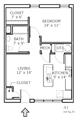 2D floor plan of a 1-bedroom apartment at Backwater Cove.