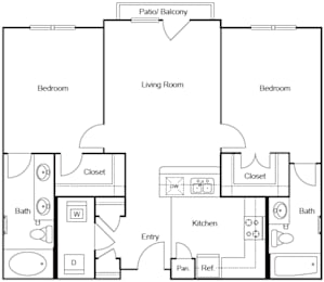 B1 - Roommate style, 2 bed, 2 bath, 923 square feet