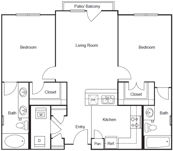 Floor Plan  B1 - Roommate style, 2 bed, 2 bath, 923 square feet