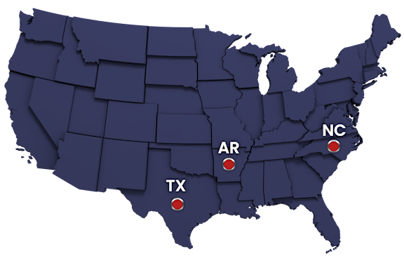A map of the United States with Texas, Arkansas, and North Carolina highlighted.