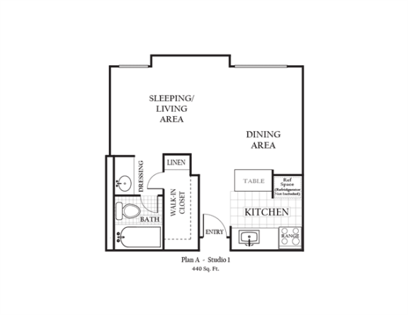 Floor Plan  Studio apartment featuring a full kitchen and bathroom approximately 440 square feet, Floorplan is an artist rendering and all dimensions are approximate, Actual units vary in dimension and detail. Not all features are available in every unit. Prices and availability are subject to change without notice. Please call a representative for details