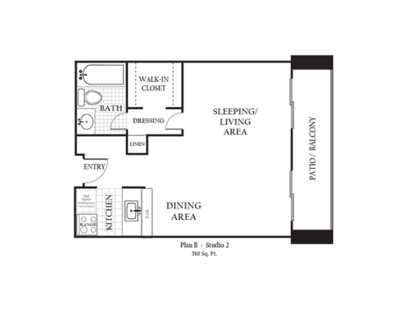 Studio apartment featuring a full kitchen and bathroom approximately 510 square feet, Floorplan is an artist rendering and all dimensions are approximate, Actual units vary in dimension and detail. Not all features are available in every unit. Prices and availability are subject to change without notice. Please call a representative for details