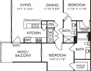 Farley.2 bedroom apartment. Kitchen with bartop open to living/dinning rooms. 2 full bathrooms, shower stall in guest. Walk-in closets. Patio/balcony.