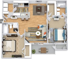 Bentley 3D. 2 bedroom apartment. Kitchen with bartop open to living/dinning rooms. fireplace. 2 full bathrooms. Walk-in closets. Patio/balcony.