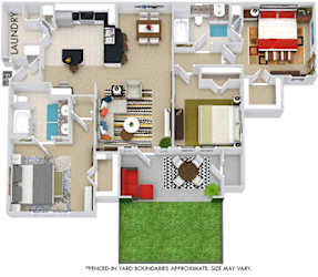 The Lake Placid with Fenced-in Yard 3D. 3 bedroom apartment. Kitchen with bartop open to living/dining rooms. 2 full bathrooms, double vanity in master. Walk-in closets. Patio/balcony open to yard