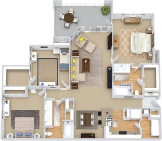 Woodland 3D. 3 bedroom apartment. Kitchen with bartop open to living/dinning rooms. 2 full bathrooms, double vanities. Walk-in closets. Patio/balcony.