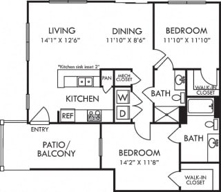 Farley.2 bedroom apartment. Kitchen with bartop open to living/dinning rooms. 2 full bathrooms, shower stall in guest. Walk-in closets. Patio/balcony.