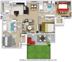 The Lake Placid with Fenced-in Yard 3D. 3 bedroom apartment. Kitchen with bartop open to living/dining rooms. 2 full bathrooms, double vanity in master. Walk-in closets. Patio/balcony open to yard