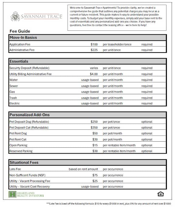 A detailed fee guide for Savannah Trace Apartments is presented in a structured format.