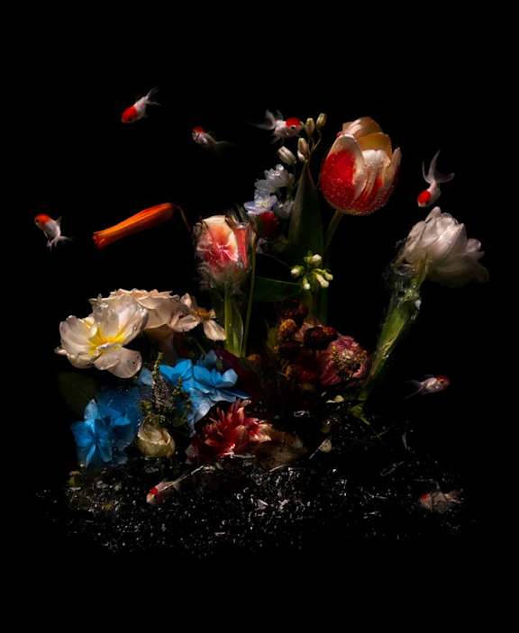A bouquet of flowers with some fish in the water.