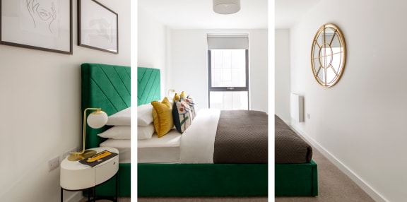 three views of a bedroom with a bed and a green couch