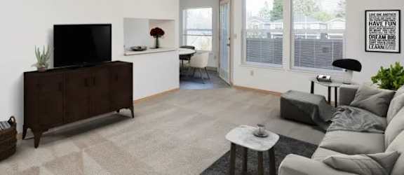 A living room with a grey couch, a black television, and a rug.