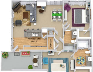 Farley 3D.2 bedroom apartment. Kitchen with bartop open to living/dinning rooms. 2 full bathrooms, shower stall in guest. Walk-in closets. Patio/balcony.
