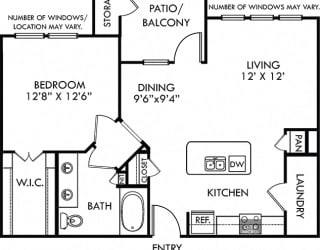 Lampasas. 1 bedroom apartment. Kitchen with island open to living/dinning rooms. 1 full bathroom with double vanity. Walk-in closet. Patio/balcony.