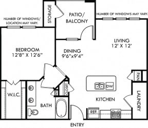 Lampasas. 1 bedroom apartment. Kitchen with island open to living/dinning rooms. 1 full bathroom with double vanity. Walk-in closet. Patio/balcony.