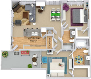 Farley 3D.2 bedroom apartment. Kitchen with bartop open to living/dinning rooms. 2 full bathrooms, shower stall in guest. Walk-in closets. Patio/balcony.