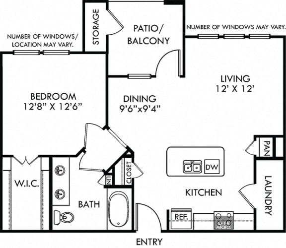 Lampasas. 1 bedroom apartment. Kitchen with island open to living/dinning rooms. 1 full bathroom with double vanity. Walk-in closet. Patio/balcony.