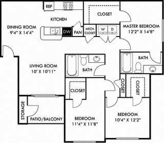 The Mabry 3 bedroom apartment. Kitchen with bartop open to living &amp; dinning room. 2 full bathroom. Walk-in closets in all bedrooms. Patio/balcony, with storage.