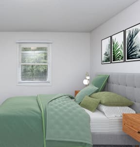 a bedroom with a green bed and a tv on the wall