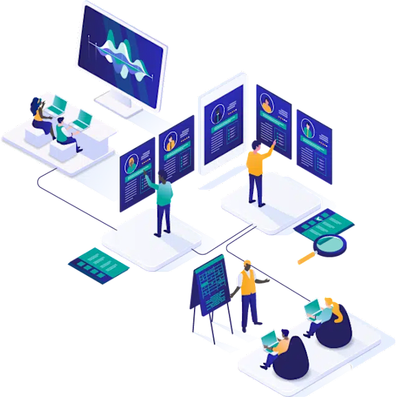 A group of people are analyzing data on multiple computer screens.