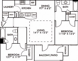 The Istanbul. 2 bedroom apartment. Kitchen with bartop open to living/dining rooms. 2 full bathrooms. Walk-in closets. Patio/balcony.