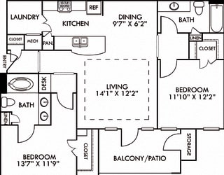 The Montreal. 2 bedroom apartment. Kitchen with bartop open to living/dining rooms. 2 full bathrooms, double vanity in master. Walk-in closet. Patio/balcony.