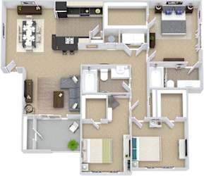 The Mabry 3D 3 bedroom apartment. Kitchen with bartop open to living & dinning room. 2 full bathroom. Walk-in closets in all bedrooms. Patio/balcony, with storage.